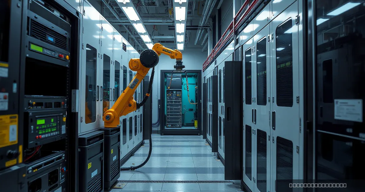A mechanical service arm replaces a server unit in a precision facility, symbolizing advanced artificial intelligence technology deployment within a corporate setting.