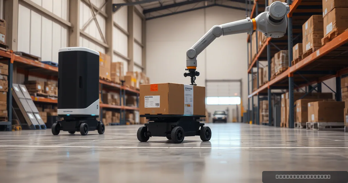 A mobile warehouse robot collects and delivers an unmarked parcel under observation by a mechanical service arm within a spacious industrial setting.