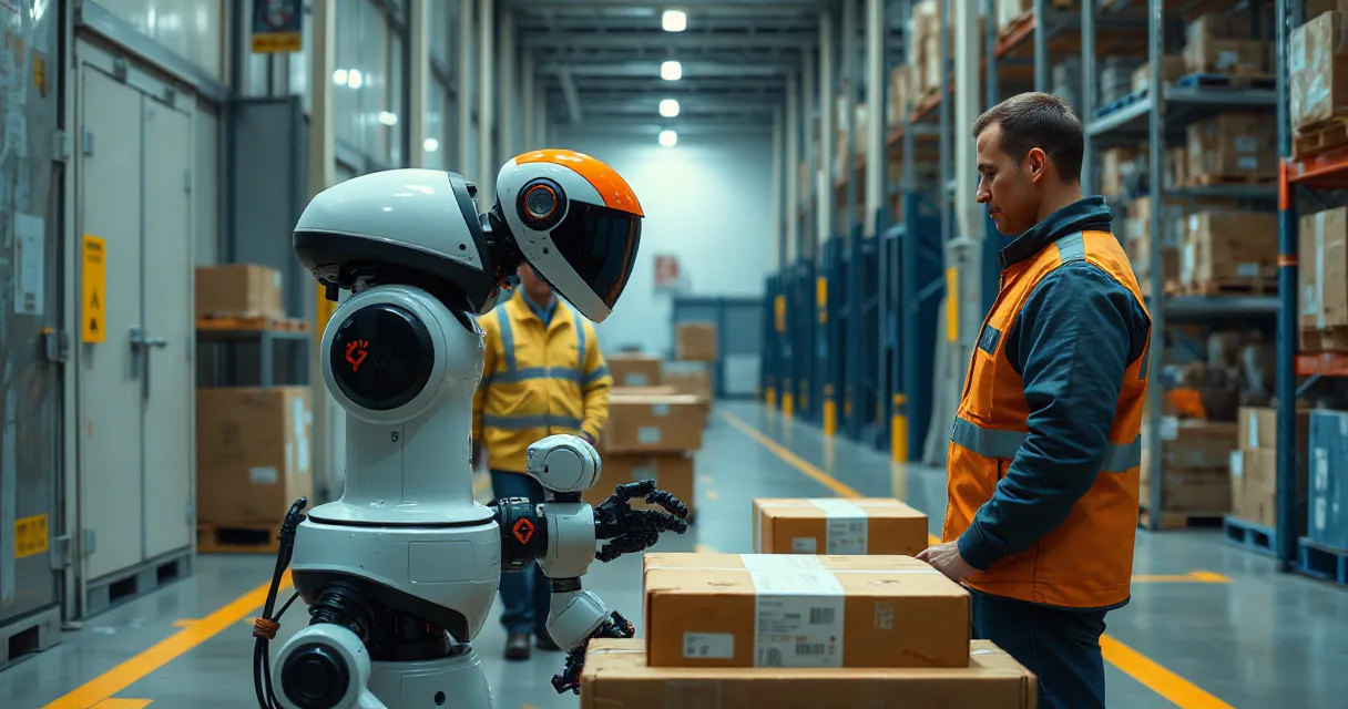 A robot sorts parcels under supervision by an operations technician in a modern warehouse setting, symbolizing the integration of artificial intelligence in industrial automation.