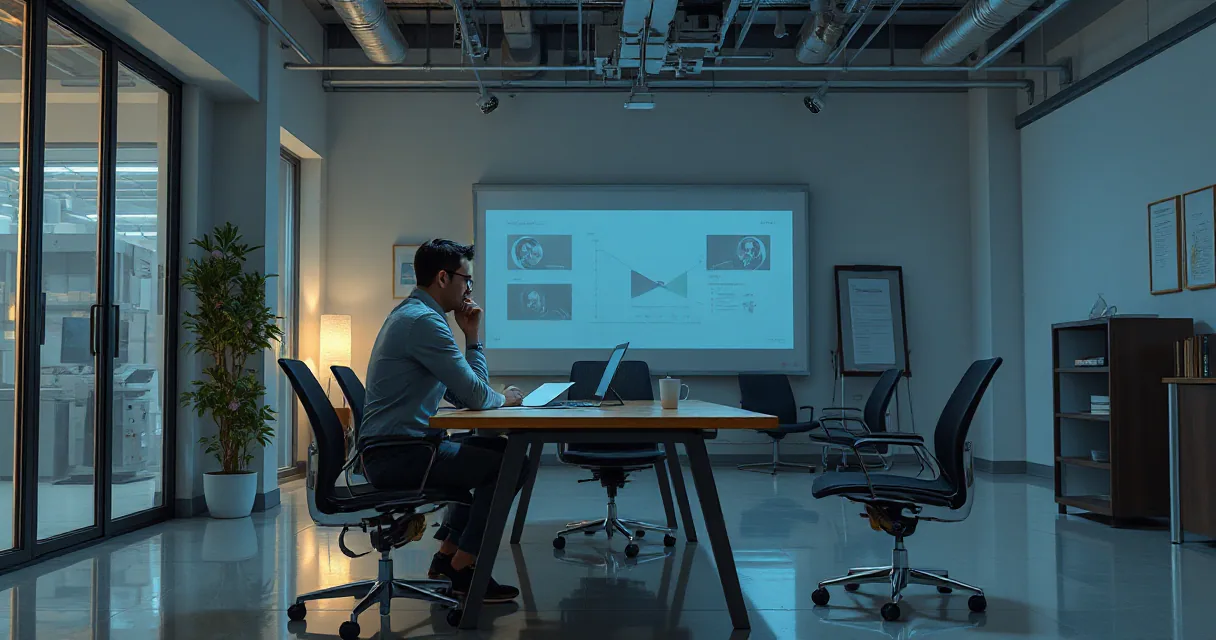 A man sits at a table in a modern office space, practicing a tense meeting scenario with a virtual avatar projected onto a screen. The environment is minimalistic and industrial, emphasizing the use of AI technology for corporate training.