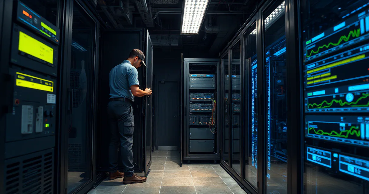 An incident responder is repairing an opened server cabinet in a dimly lit data center security room as a technician disconnects one compromised cable from a protected server rack.