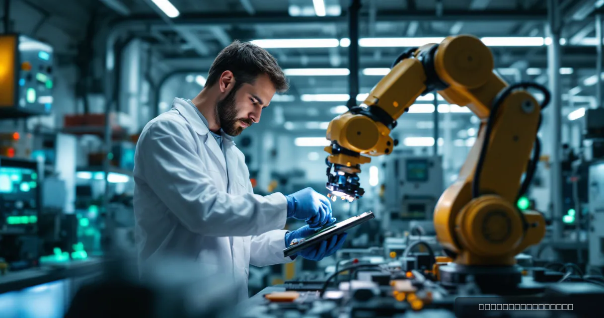 An engineer in a white lab coat is working at a workstation with a robotic arm. He holds a tablet while adjusting or programming the machine, set against an industrial backdrop of machinery and control panels.