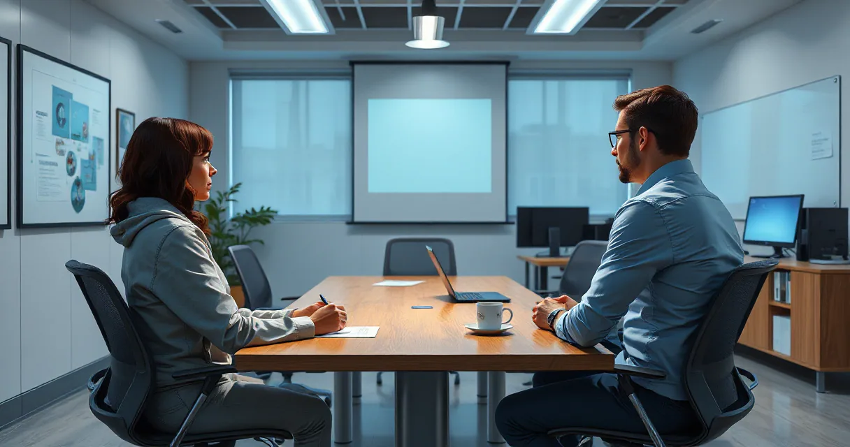 Two individuals seated across from each other at a conference table in an office training room, one appears to be taking notes while the other seems to be explaining or presenting something. The environment includes modern office furniture, a large screen on the wall, and minimal background activity