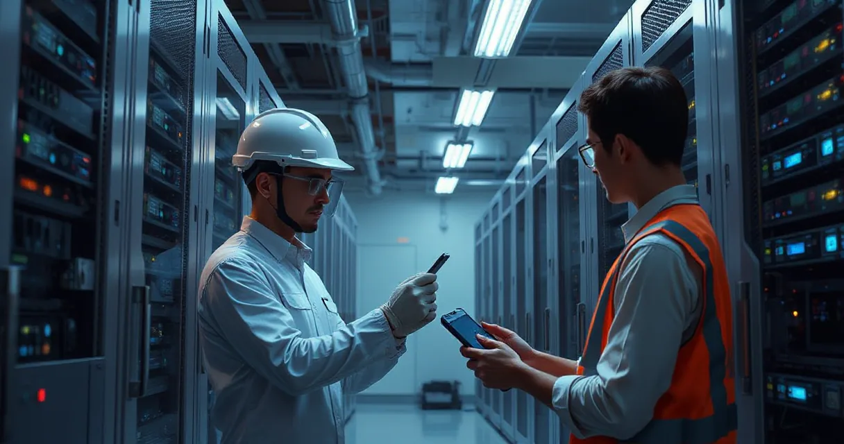 Two individuals are engaged in testing an updated server unit within a data center, surrounded by active server racks. One person wears a white helmet and gloves while holding a device, indicating maintenance or testing activities. The other individual, wearing a high-visibility vest, holds another