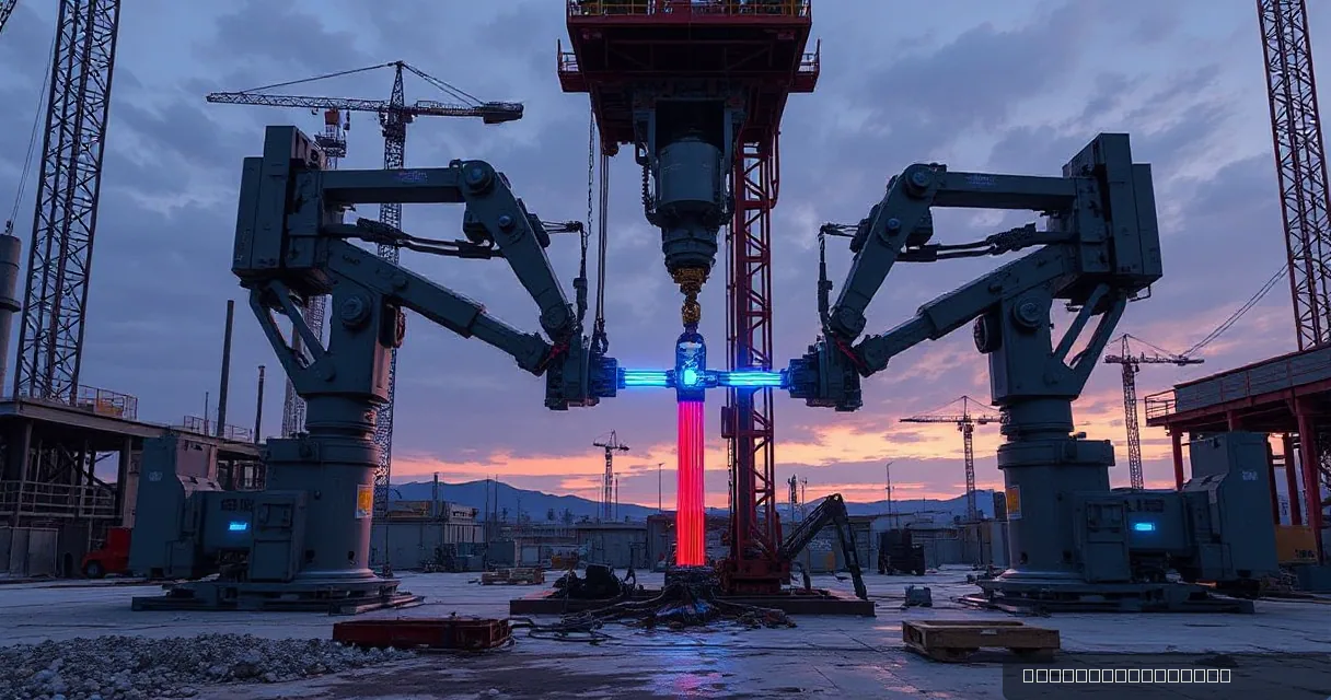 Two mechanical service arms connect at a precise moment with a fiber connection in an active precision facility construction site, symbolizing advanced AI technology in action. The scene is set against a warm concrete backdrop with cool ambient light and a precise electric-blue accent.
