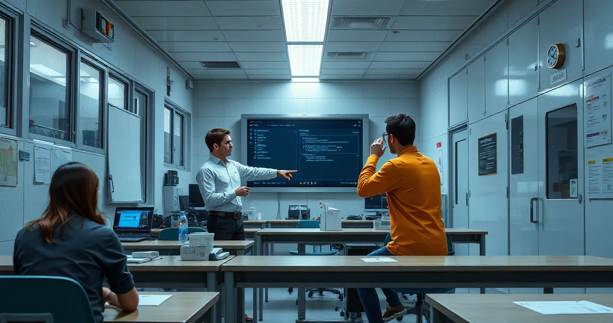 A classroom setting where an instructor points at a large screen displaying code while explaining something to trainees seated around desks.